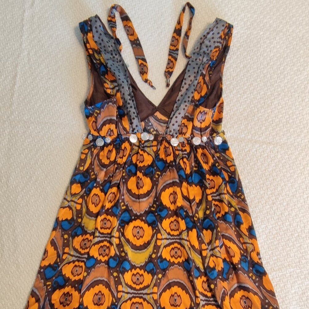 Plenty Tracy 100% Silk Geometric Coin Embellished Dress Size 4 Orange Gray Boho - Picture 4 of 6